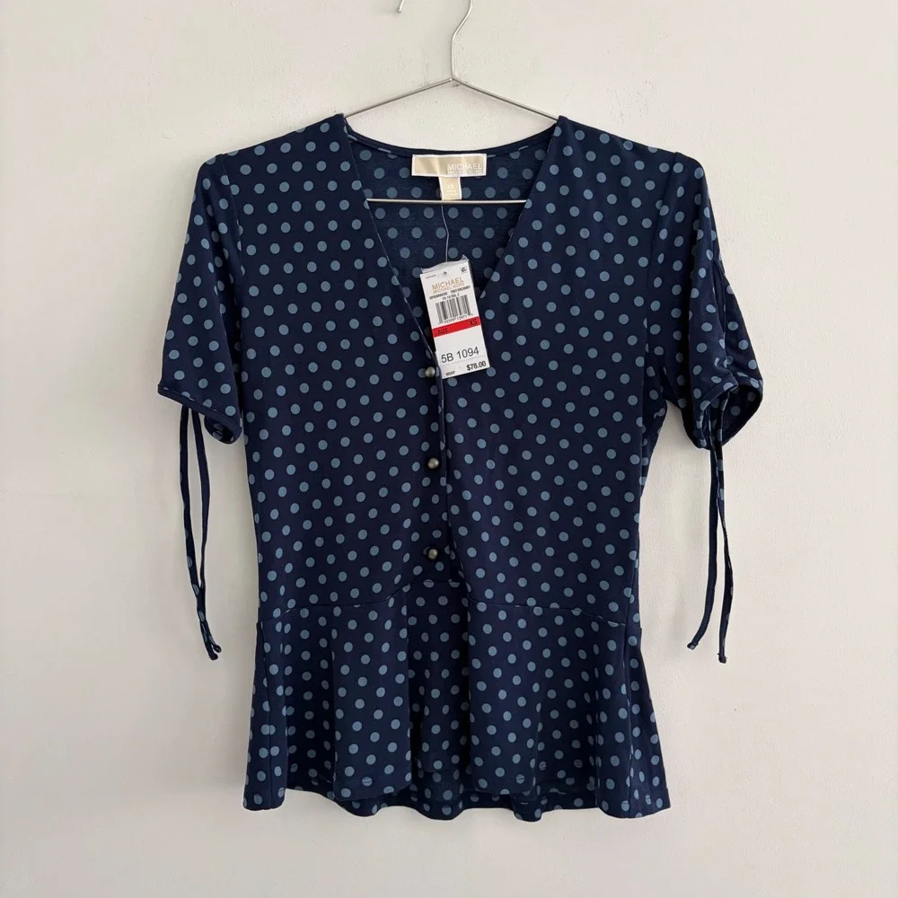 Michael Kors Navy Blue Polka Dot Peplum Top XS NWT MF95M9NCKH
